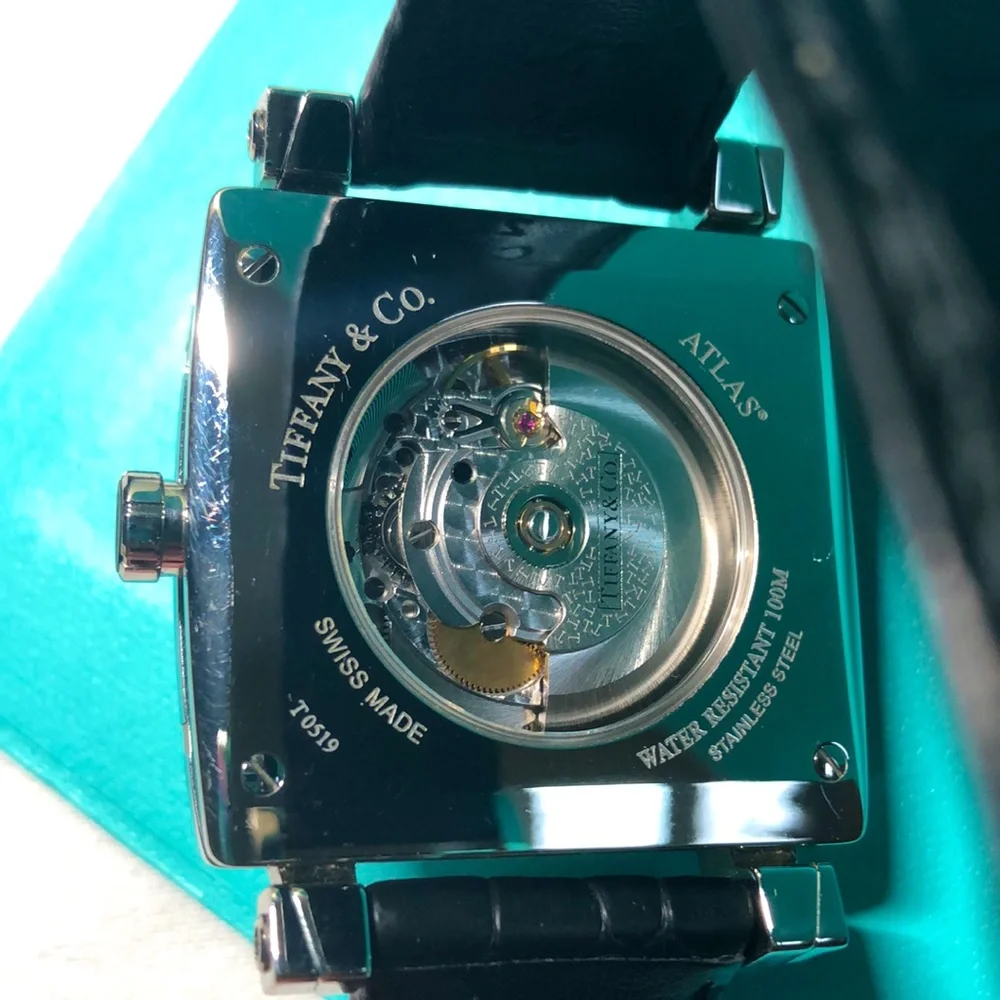 Tiffany & Co. Genuine Alligator & Stainless Steel Black Atlas Watch Gyromatic - Picture 5 of 16